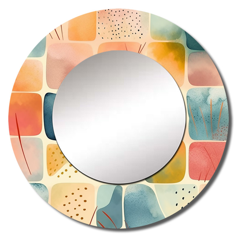 Rahoz Orange Fun Pattern Of Shapes III - Geometric Large Wall Mirror, Orange Round Decorative Mirror, Printed Metal Art