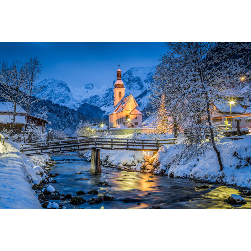 Church Of Ramsau In Winter Twilight, Bavaria, Germany - Wrapped Canvas Print, 81cm H x 122cm W, Dark Blue/Gold