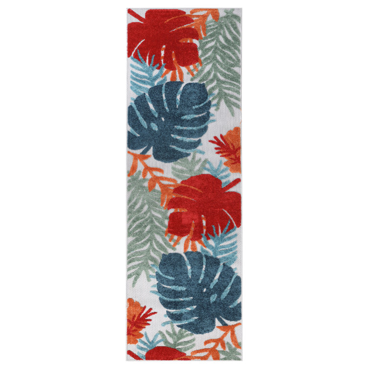 Waikiki Modern Tropical Leaves Coastal Indoor Outdoor Area Rug