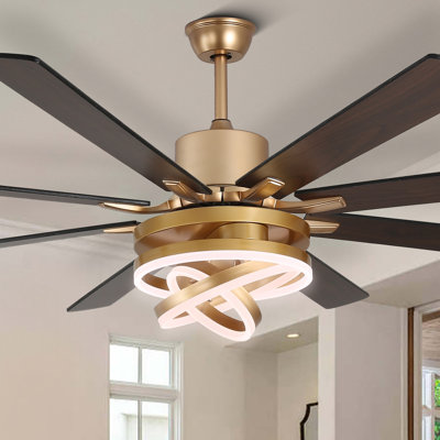 72" Modern Gold Large Ceiling Fan with Dimmable LED Light and Remote Control, 6-Speeds Quiet DC Motor  Reversiable with DIY Shade for Living Room