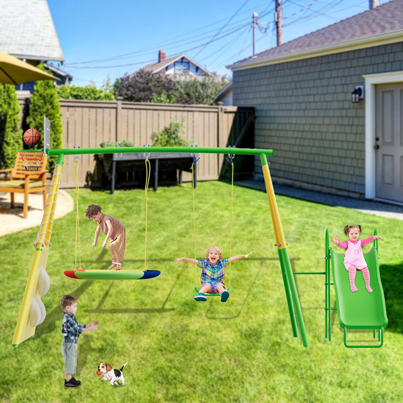 Balançoires pour enfants en métal 5 en 1 avec support en A robuste pour aire de jeu Sumij, Jaune/vert