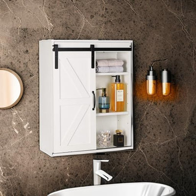 Farmhouse Wood Wall Storage Bathroom Cabinet With Sliding Barn Door, Rustic Medicine Cabinet With Adjustable Shelf, 3-Tier Vintage Cabinet For Kitchen