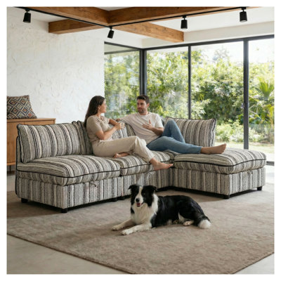 Canapé d'angle convertible 4 places en forme de L avec méridienne et rangement, canapé modulable pour salon ou appartement, polyester rayé noir