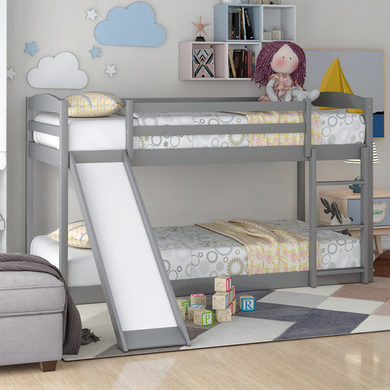 Twin Over Twin Bunk Bed With Convertible Slide And Ladder, Gray
