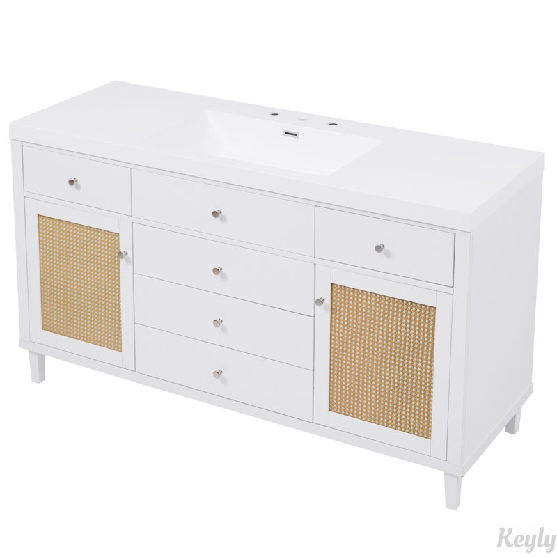 Meuble-lavabo 60 po avec lavabo SMC, tiroirs à fermeture en douceur et portes en rotin, Blanc