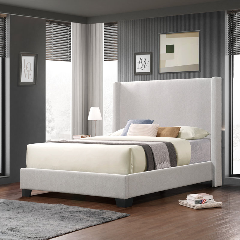 Lit plateforme tapissier Reinette, Double, Gris clair