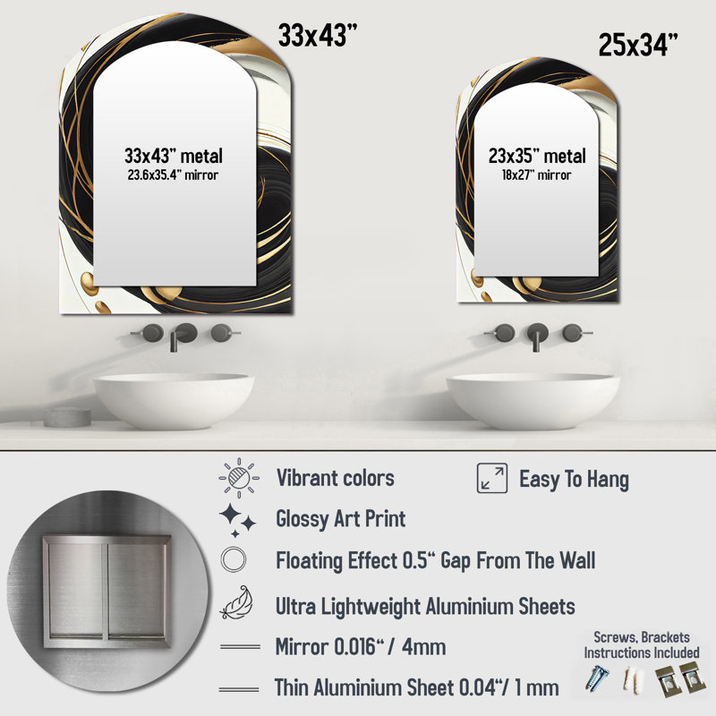 Gold Glamour Circle II - Marble Arch Mirror, White Asymmetrical Unique Wall Mirror, Printed Metal Art, 34" x 25"