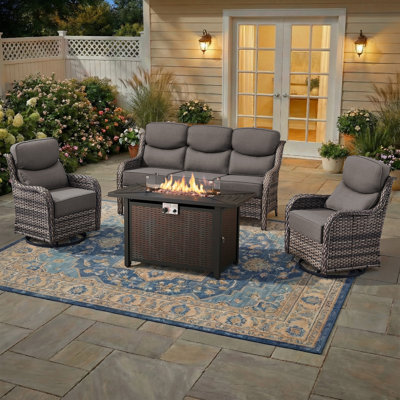 5 - Person Luxury Wicker Patio Furniture Set With Fire Pit Table & 6-Inch Extra-Thick Cushion Swivel Chairs