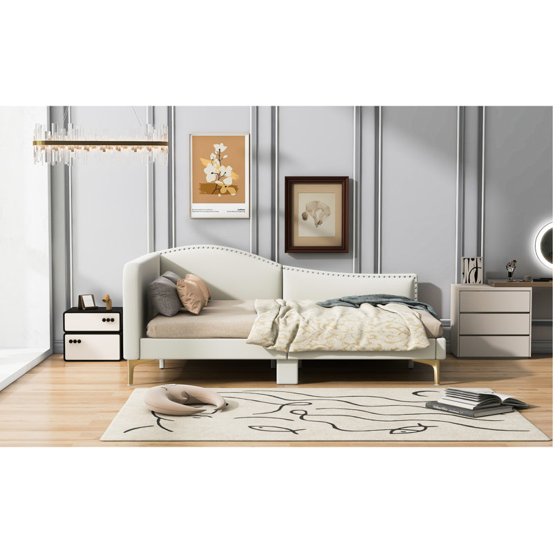 Lit de jour beige avec tête de lit, accoudoir et structure, Beige, Full/Double