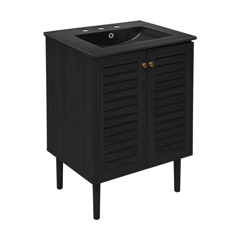 Meuble-lavabo autoportant 24 po Bron en chêne noir avec comptoir à 3 trous noir, Noir, 8 po, Chêne noir