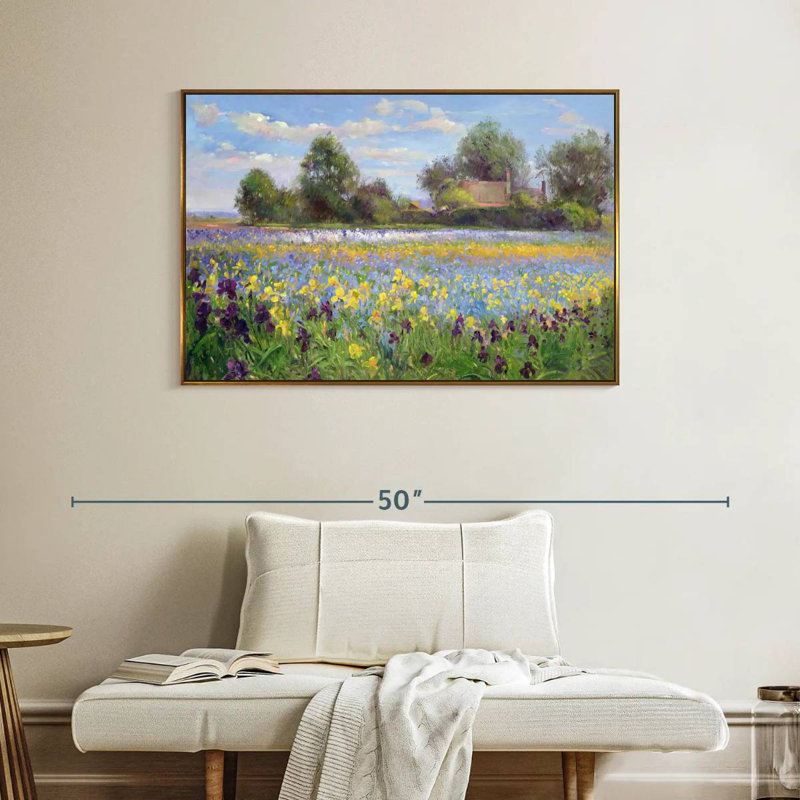 Ferme et champ d'iris, Cadre flottant doré, 40 po x 27 po