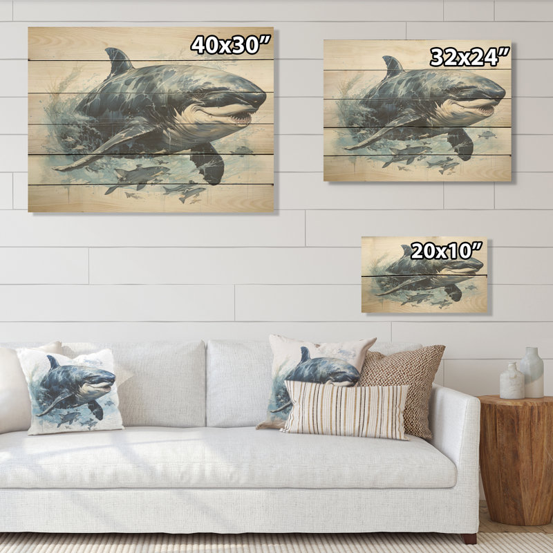 «Breaching Whale I» - panneau mural en bois de requin sur bois de pin naturel, H 30 po x l 40 po