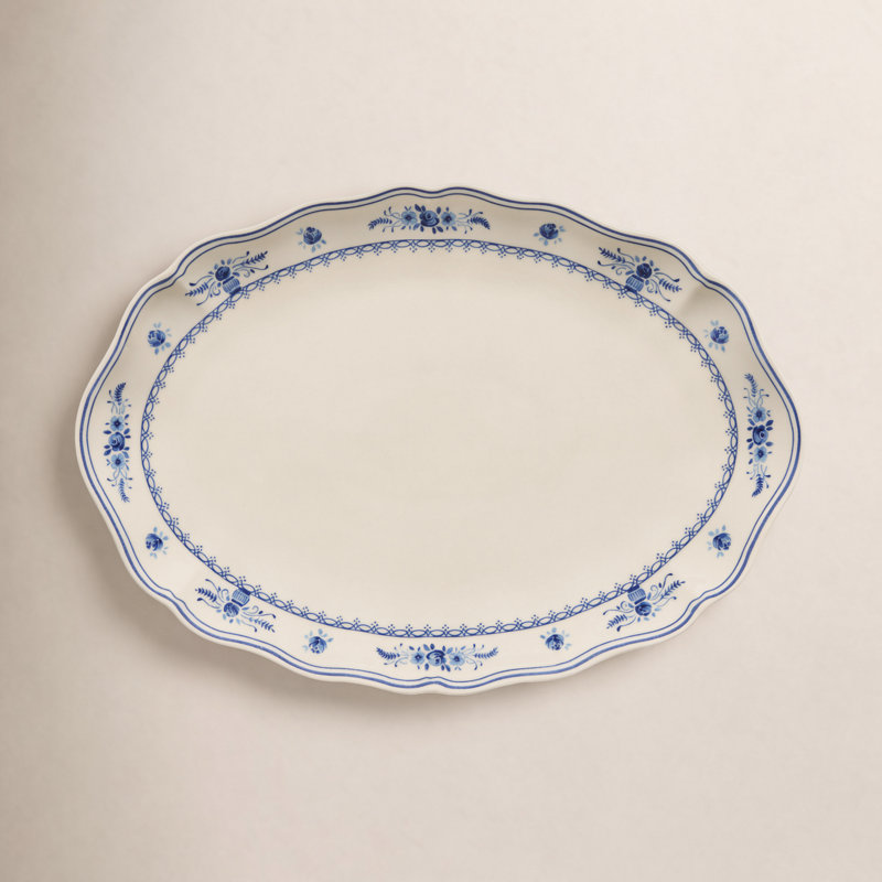 Vila Oval Platter, Bege/Azul, 1.5" H x 16” W x 11.13” D