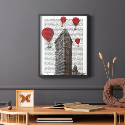Flat Iron Building and Red Hot Air Balloons Framed Print - Solid Wood