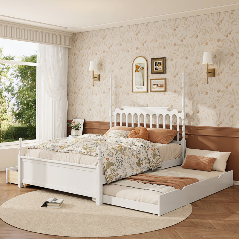 Grand lit plateforme avec lit gigogne simple TG et 2 tiroirs de rangement, lit classique avec tête de lit à broche, Blanc