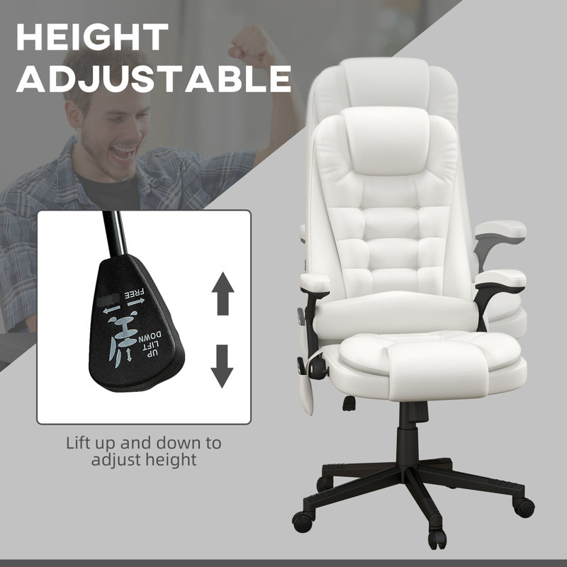 Fauteuil vibrant en cuir blanc avec fonction d'inclinaison réglable de 17,75 po à 21,75 po de hauteur
