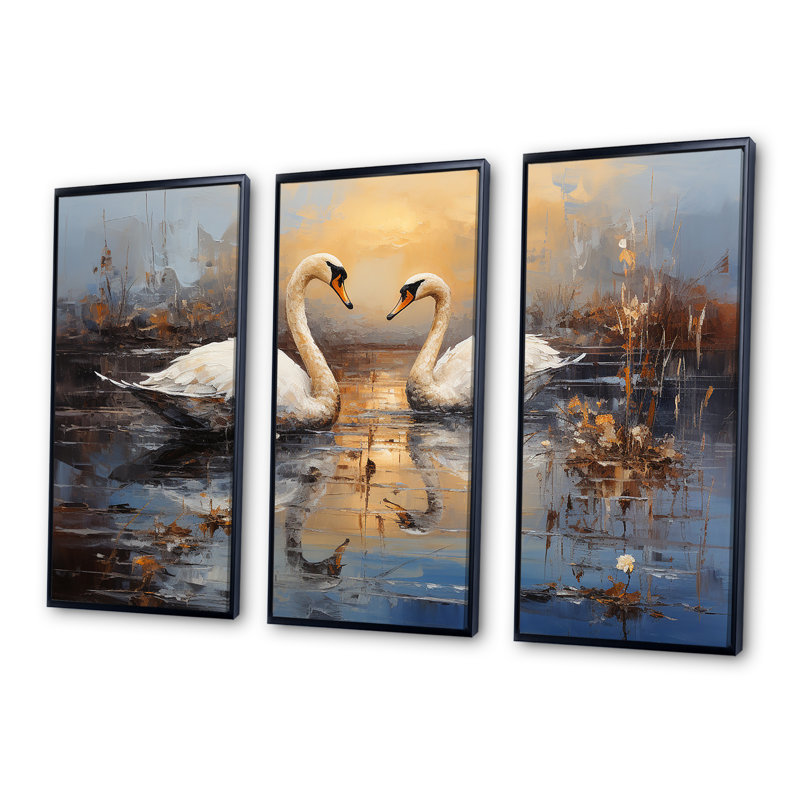 White Swans Harmony Moonlight Pond V - Art mural animaux cygnes, H 28 po x l 36 po, Cadre flottant noir