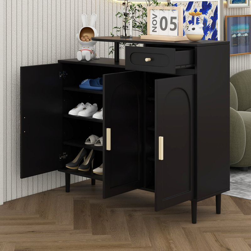 Shoe Cabinet With Adjustable Shelves, Solid Wood Legs, Arched Doors And Drawer, Storage Sideboard For Entryway, Living Room
