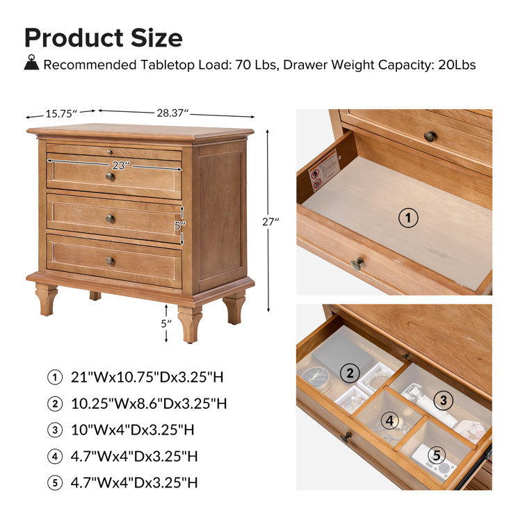 Cheylyn 3 - Drawer Nightstand with Built-in Charging Station and Solid Wood Legs （Set of 2）