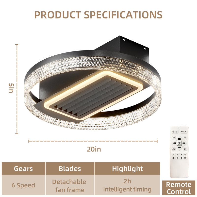 Ventilateur de plafond moderne sans feuilles de 20 pouces avec moteur réversible amovible et lavable à télécommande