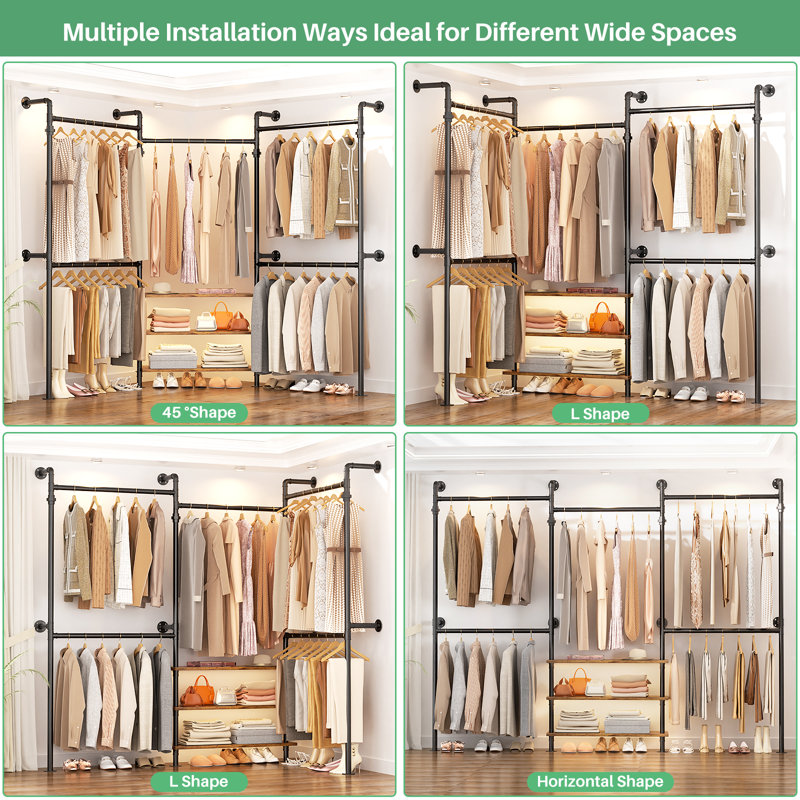 Expandable Industrial Pipe Clothing Rack, 7.3-10.9Ft Wall Mounted Closet System, Rustic Brown