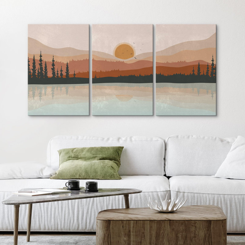 «Sun Mountain Landscape Nature Landscape Decor Abstract on Canvas», reproduction de 3 pièces, H 24 po x l 48 po x P 1,5 po