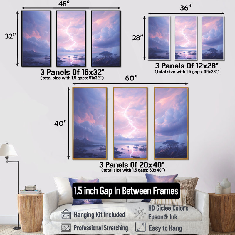 Kawaii Lightning Landscape - Lightning, ensemble d'art mural sur toile, H 40 po x l 60 po x P 1 po, Cadre flottant blanc