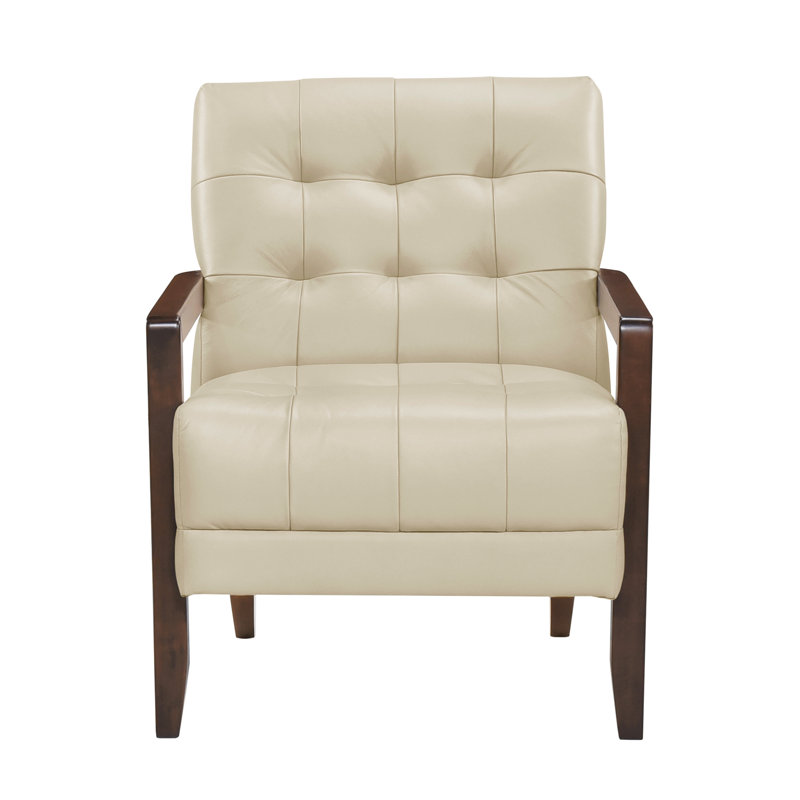 Fauteuil d'appoint en cuir beige, rembourrage en mousse, accoudoirs en noyer, bois massif avec finition, Beige