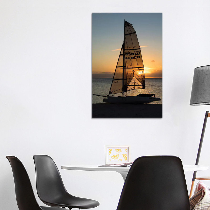 Boat On The Beach At Sunset, Bora Bora, Society Islands, French Polynesia - Wrapped Canvas Print