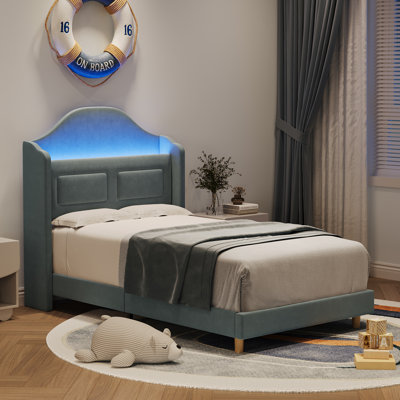 Structure de lit simple pour enfants, lit plateforme en velours rembourré pour les garçons avec oreilles, tête de lit avec bibliothèque de rangement et lumières DEL, aucun sommier nécessaire, silencieux, assemblage facile, bleu
