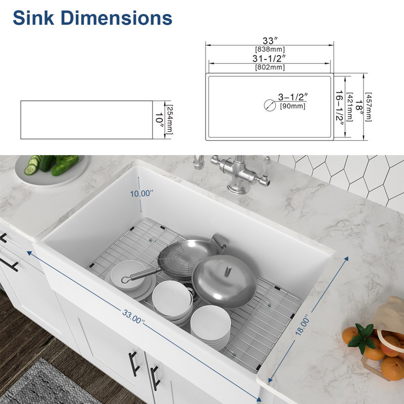 33 L x 18 W Apron Front Farmhouse Ceramic Kitchen Sink 10 Inch Deep Single Bowl Basin
