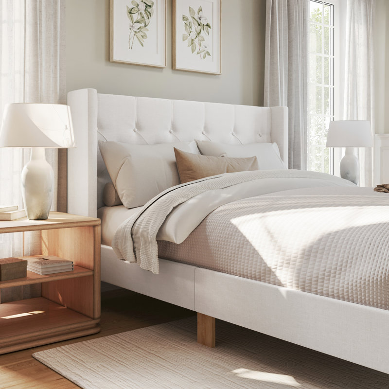 Martha Stewart Carmy Platform Bed With Tufted Wingback Headboard, Queen