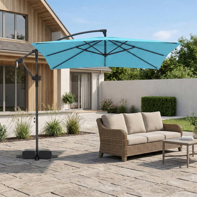 UV Resistant Fade Proof 8 X 8 FT Square Offset Cantilever Hanging Outdoor Market Patio Umbrella With 360 Degree Rotation For Backyard Deck Poolside Sun Shade Use