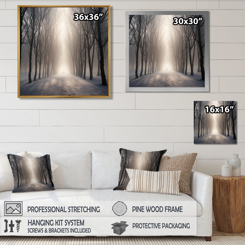 Misty Sunshine Foggy Forest Road - décoration murale arbre séquoia, Cadre flottant noir, bois massif, H 16 po x l 16 po