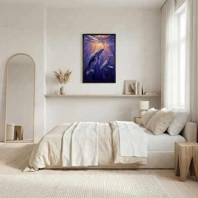 Baleines nageant dans l'océan mauve avec lumière dorée, art mural sur toile
