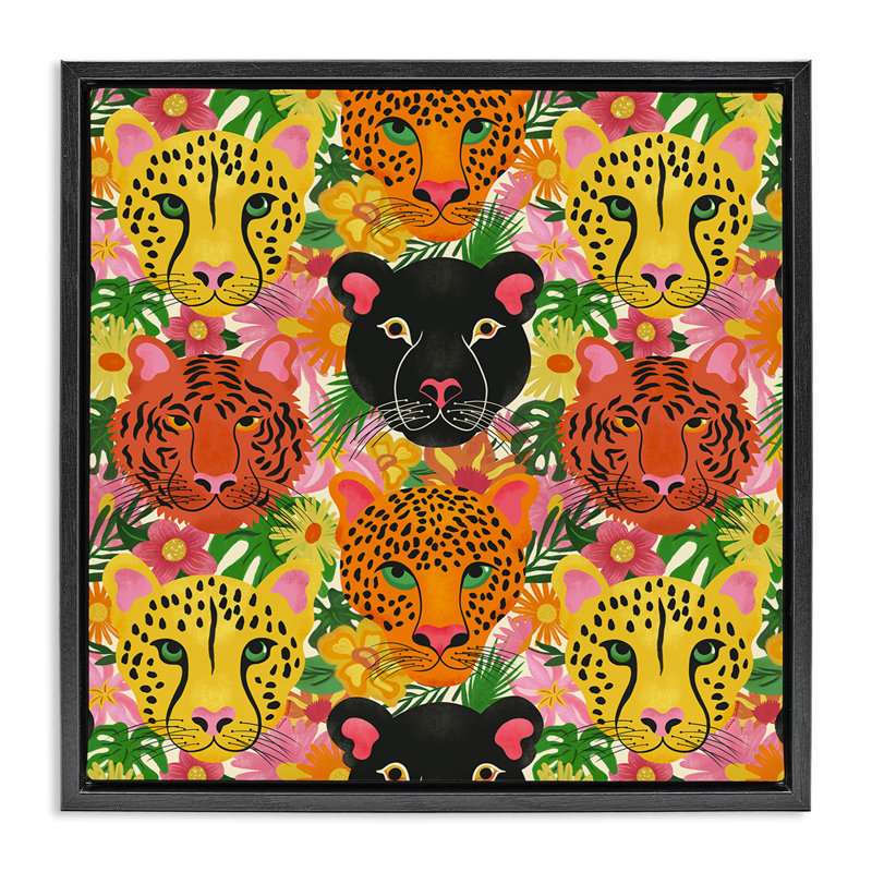 Cadre flottant Jungle Cats, par Carrie Cantwell, Cadre flottant noir de jais, H 18 po x l 18 po