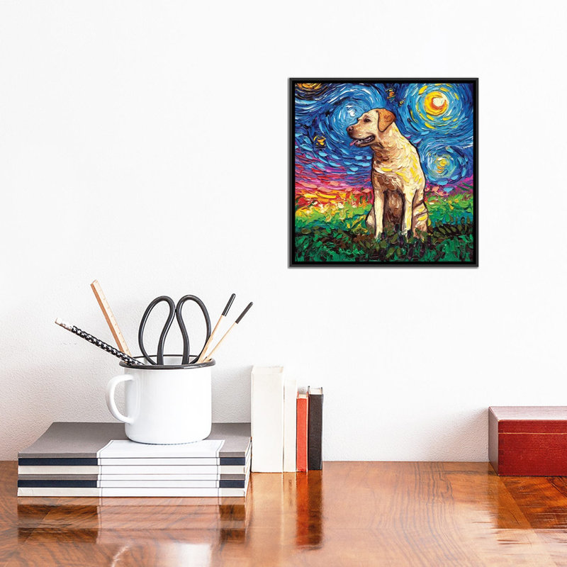«Yellow Labrador Night II» par Aja Treves - reproduction d'art, H 12 po x l 12 po x P 1,5 po, Toile avec cadre noir