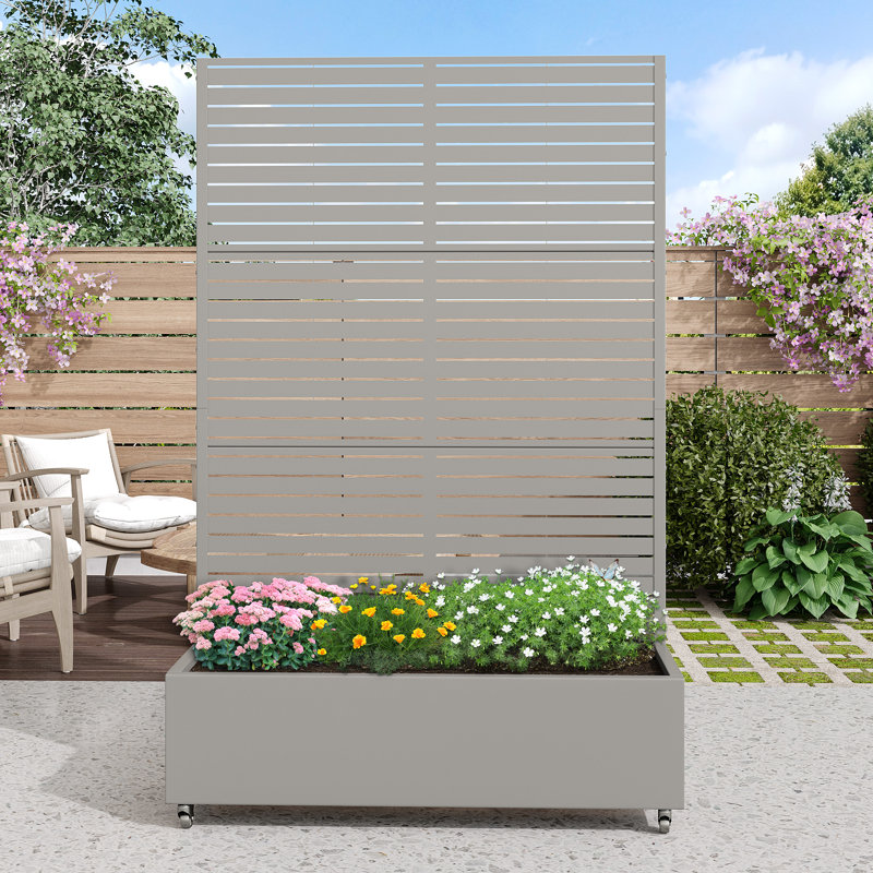 Outdoor Metal Rectangular Individual Planter Box with Trellis for Climbing Plants, Gray, 72" H x 47" W x 16" D