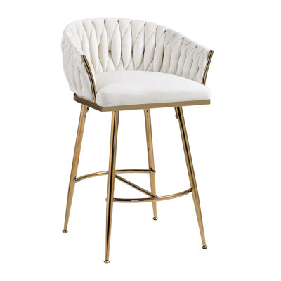 Tabouret de bar 26 po à hauteur de comptoir en velours pour îlot de cuisine avec dossier ondulé à la main, base chromée dorée et repose-pieds