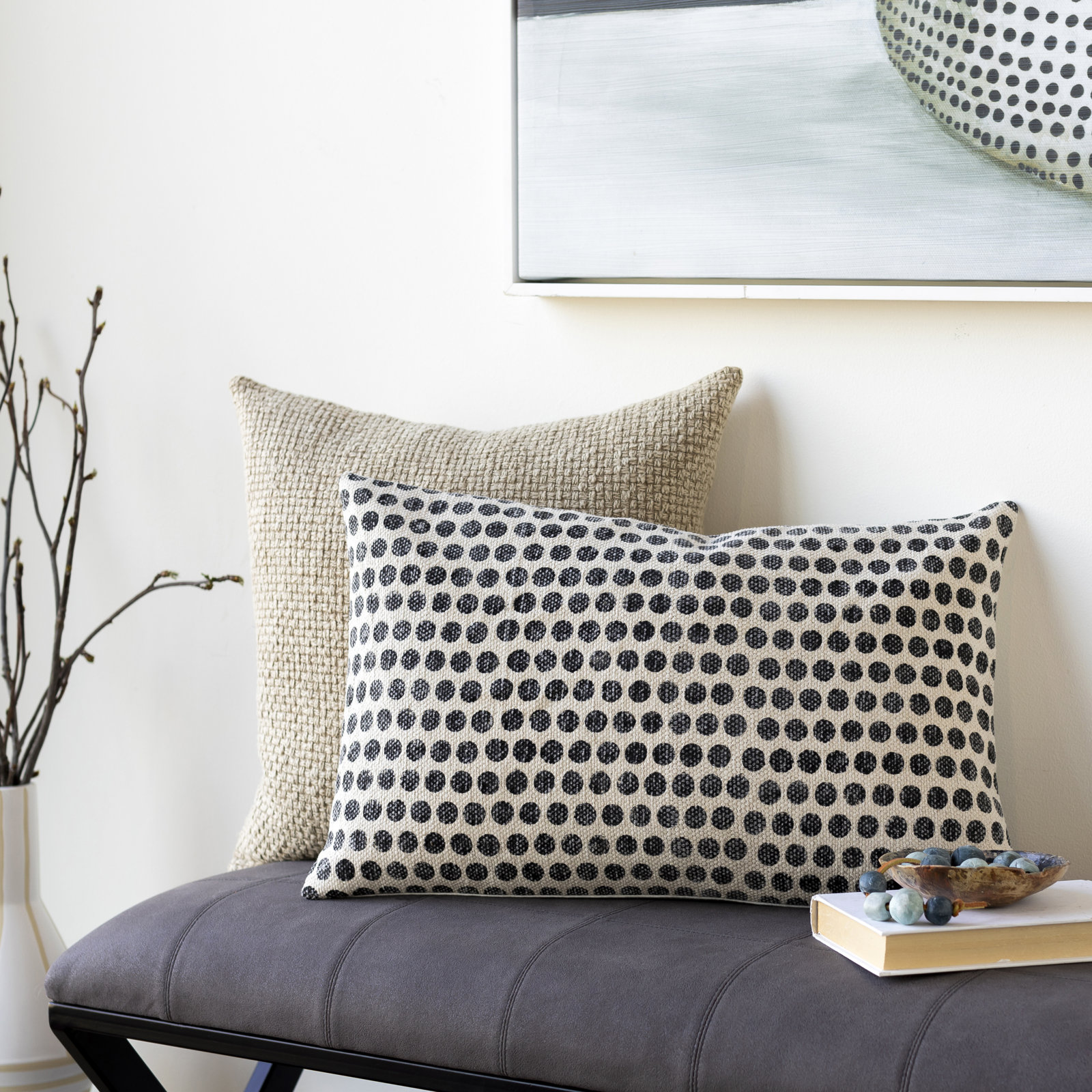 Zetta Polka Dots Cotton Throw Pillow, Pillow Cover Only - No Insert, Light Beige/Black