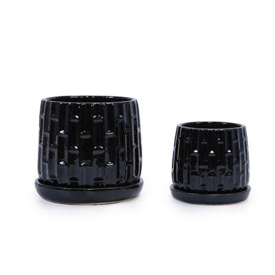 Handmade Ceramic Flower Pot With Groove Pattern, 6 & 8 Inch Diameter, Black Color For Orchids, Indoor/Outdoor Use On Windowsill & Bookshelf, Breathable Clay With Saucer