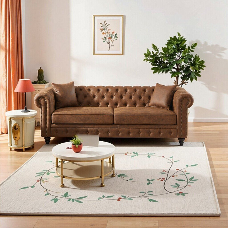 Elegant 85.5" Tech Fabric Chesterfield Sofa - 3-Seater with Rolled Arms & Button Tufting, Perfect for Living Room, Brown