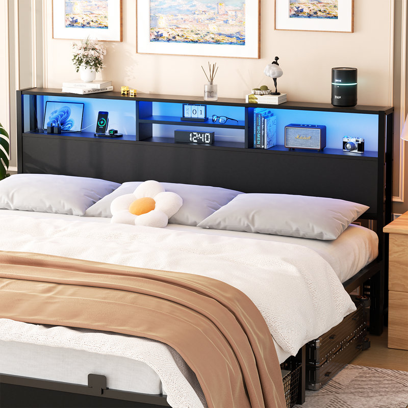 Tête de lit Lozandier avec rangement, prise de courant, ports USB et bande DEL, Très grand, Noir