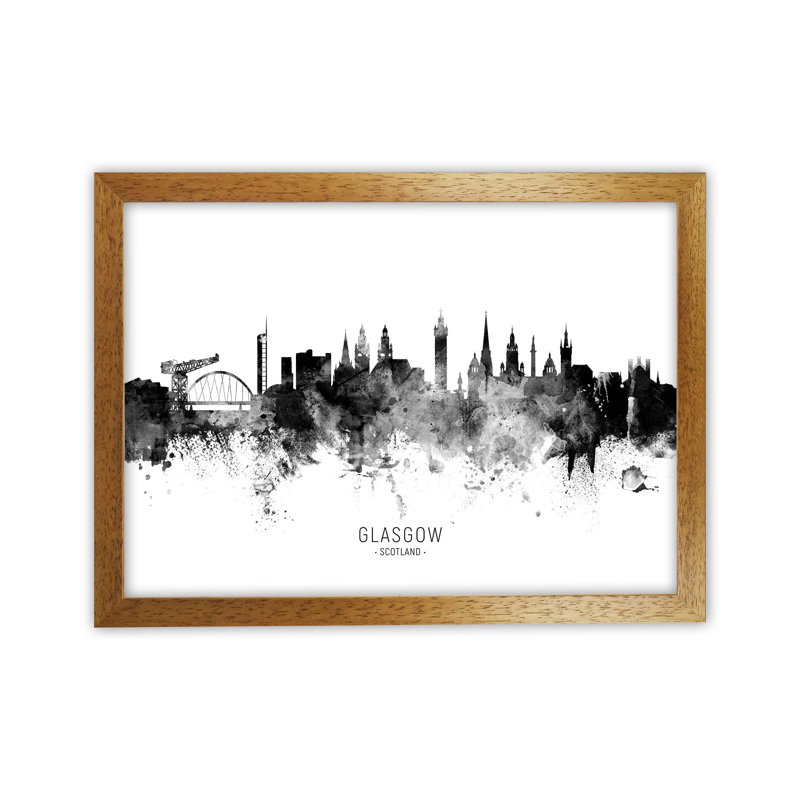 Glasgow Scotland Skyline Black White City Name by Michael Tompsett - Print, 34cm H x 46cm W x 3cm D, Brown Framed