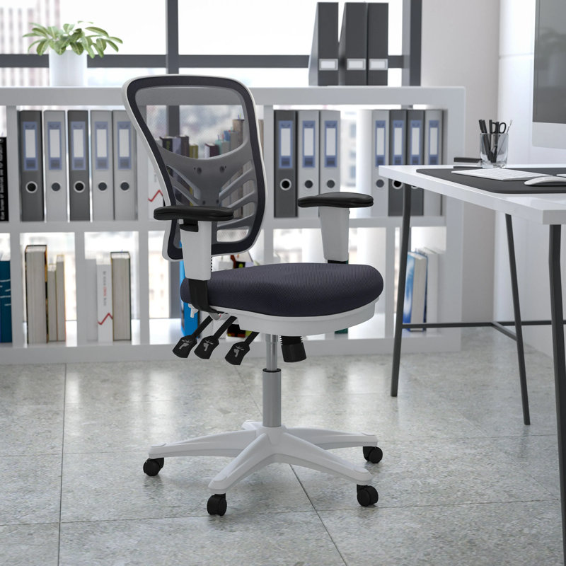 Chaise de bureau ergonomique en filet à dossier moyen avec accoudoirs réglables Siyer, Gris foncé, Blanc