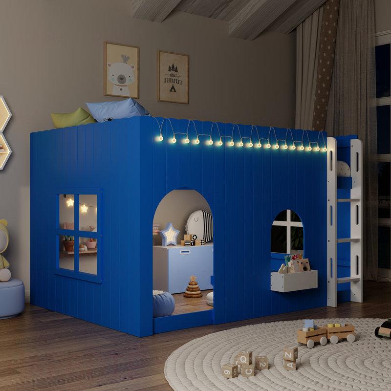 Lit mezzanine double pour enfant avec lumière DEL chaude, bleu Klein, Bleu