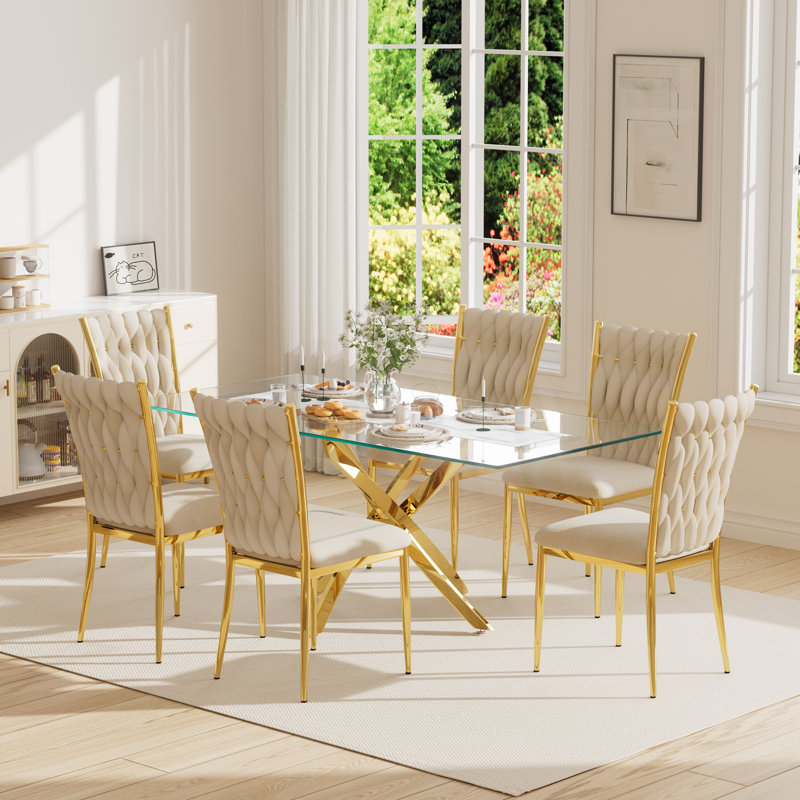 Ensemble de table rectangulaire 63 "en verre trempé 63", Beige/or, 7