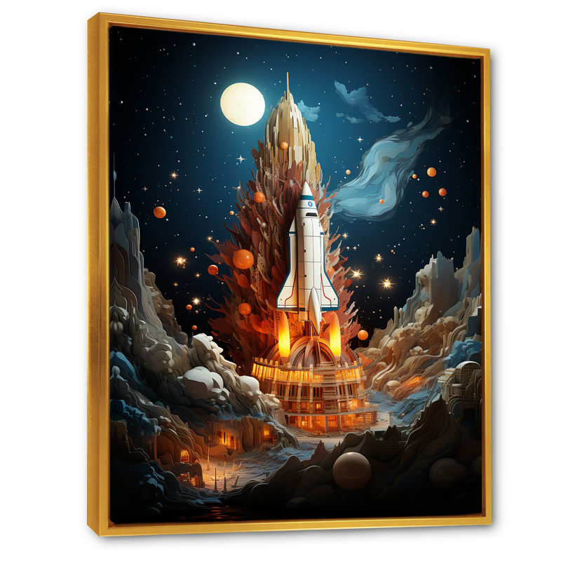 " Expressionist Space Shuttle Burst II ", Gold Floater Framed, 32" H x 16" W