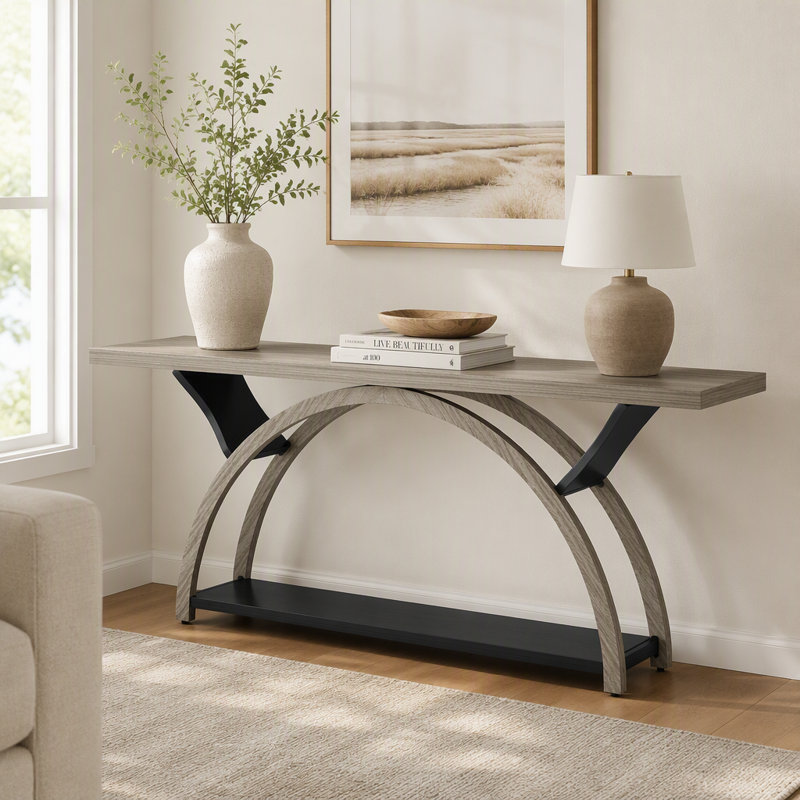 Console à 2 niveaux, table d'entrée 70,9 po avec structure en demi-lune, Gray / Black, Grey