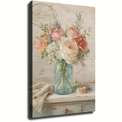 Pink Peach Ranunculus Rose Blue Mason Jar Floral Print Canvas Wall Art Vintage Farmhouse Distressed Wooden Cabinet Neutral Botanical Wall Decor for Bedroom Kitchen Living Room